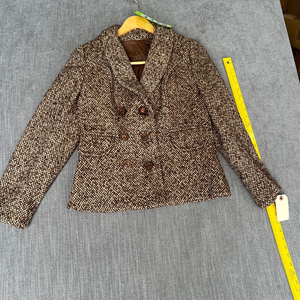 Vtg Womens Blazer Jacket 36 Brown Wool Blend Tweed Double Breasted Tailored Fit